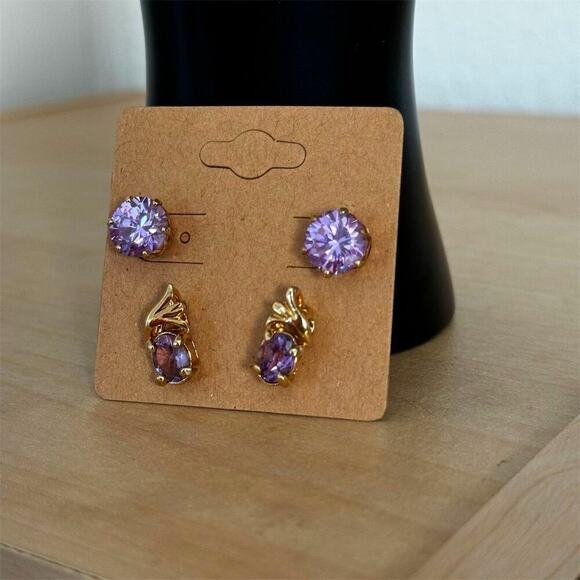 Gold Plated Lavender Zirconia Stud Earrings Anniversary Elegant Gift Set of 2 - Picture 3 of 7
